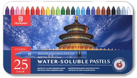 iCrayon Wasserlösliche Pastellkreiden, Aquarell-Pastellkreiden, Künstler-Set mit Spitzer, Palette und Pinsel für lebendige Kunstkreationen, 25 Farben (klassisch)