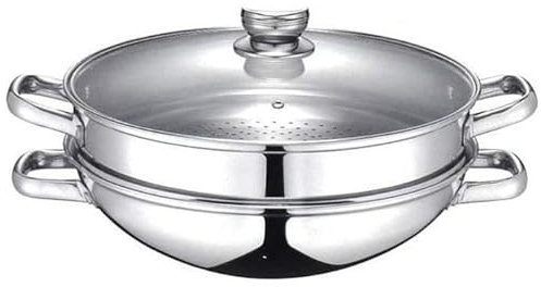 Baumalu, Wok vapor de 32 cm 2 en 1 de acero inoxidable, con asas remachadas, tapa de cristal, compatible con cocinas de gas, inducción y eléctricas, ideal para freír y cocinar al vapor