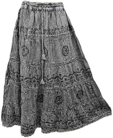 Doorwaytofashion Womens Cotton Maxi Skirt Bohemian Embroidered Fully Lined Adjustable Elasticated Waist Grey