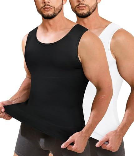 Junlan Men Compression Shirt Vest 2 Pack Slimming Body Shaper Tummy Control Shapewear Tank Tops Seamless Undershirts (Black/White,2XL)