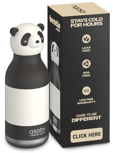 ASOBU Bestie Kindertrinkflasche mit Strohhalm – Isolierte Edelstahlflasche 420ml mit Panda-Kopf – Auslaufsicher & BPA-frei
