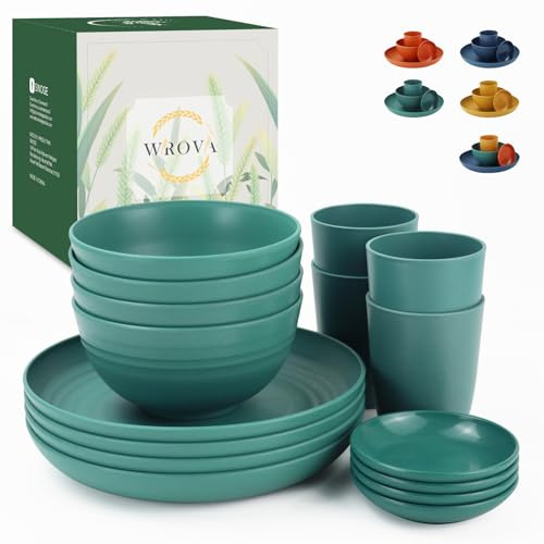 Wrova Plastic Plate Set 16 PCS Reusable Plates and Bowls Set Service for 4 | Lightweight Cmaping Dinner Set - Microwave Safe and Dishwasher Safe Plates for Kitchen - GreenColors