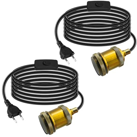 2 Piezas Lámpara Colgante con Enchufe, Portalámparas E27 con Interruptor y Cable Negro Grueso de 5M, Kit de Lámpara de Araña Vintage de Latón Antiguo DIY Cable de luz Colgante