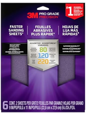 3M Pro Grade Precision Sanding Sheets with No-Slip Grip, 9 x 11 in, Assorted Grits, 6-Pack (SHRASST-PGP-6T)