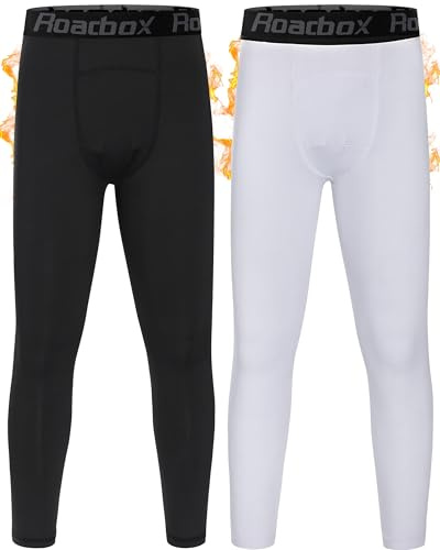 Roadbox 2 Pack Thermal Leggings Kids, Boys Base Layer Football Tights, Youth Sports Running Fleece Lined Compression Pants