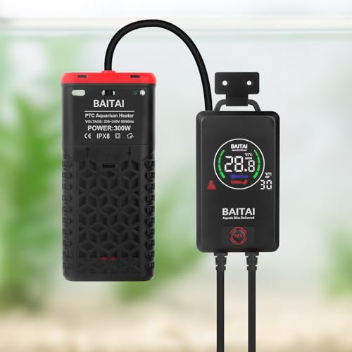 BAITAI 300W Aquarium Heater, PTC Submersible Fish Tank Heater with External LED Thermostat Controller, Dry-Run & Overheat Protection, Energy Efficient Shatterproof Heater for 100–300L Tanks