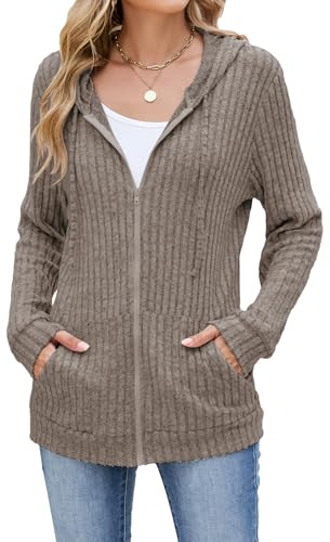 iChunhua Long Zip up Hoodie Women Oversized Hooded Cardigans Lightweight Jacket with Pockets (Coffee, X-Large)