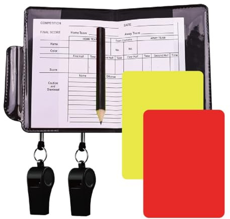 Set di 2 carte da arbitro da calcio, con carte rosse/giallo, 2 fischietti e supporto pieghevole, con tabellone e penna, ideale per l'allenamento