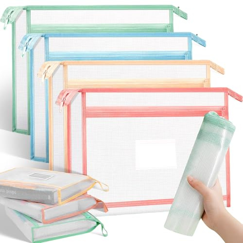 4 Pièces Ensemble de Pochette Zip A4 en EVA Double Couche, Étanche Pochette Zippée A4, Dossier de Documents Grande Capacité pour Organiser Documents, Livres et Autres (34 x 24 x 5 CM)