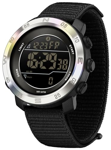 findtime Digital Sportuhr Armbanduhr Herren Schrittzähler Kalorienzähler Sportliche Herrenuhr Outdoor 5ATM Wasserdicht Beleuchtung Chronograph Stoppuhr Alarm Nylon Armband Silber Schwarz