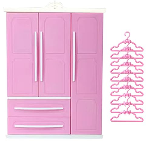 Placard de poupée, Armoire de Maison poupée 3 Portes et 2 tiroirs, Meubles Maison 7x10x3 avec 10 cintres, Miniatures adaptées au Bricolage pour Le réglage, Rangement vêtements