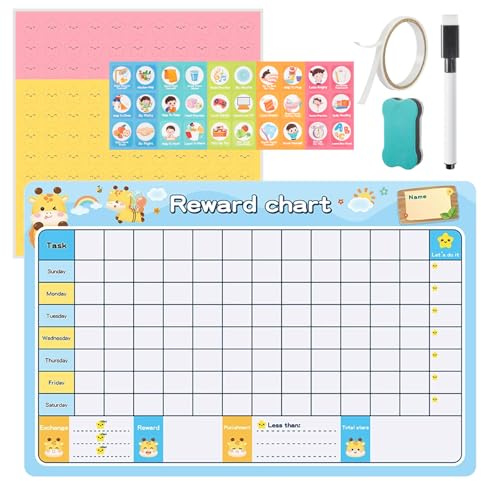 PEAPIN Magnetic Reward Chart Large Behaviour Chart 64 x 42 cm | With 30 Behaviour Stickers 88 Star 33 Sad Faces For Routine Potty Training Reward Chart Reusable Magnetic Board