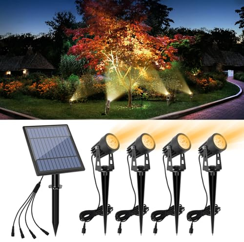 APONUO Metal Solar Spot Lights Outdoor with 9.8ft Cable Solar Powered Landscape Lighting Low Voltage IP65 Waterproof Auto On/Off for Outside Garden Yard Landscape Pathway Garage-Warm White(4-in-1)