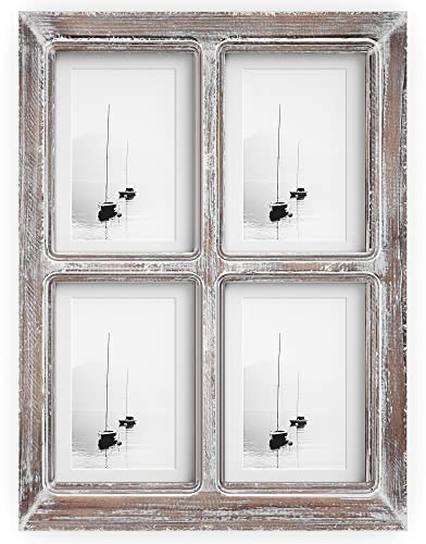 Barnyard Designs 4x6 or 5x7 Collage Picture Frames, 4 Photo Openings w/Mat for Multiple Pictures, Distressed Rustic Wood Farmhouse Frame for Wall, 16x12 (Brown)