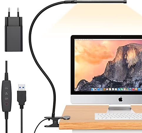 iZELL 77 LED Schreibtischlampe Dimmbar - 【3 Farbtemperaturen & 10 Helligkeitsstufen】 70cm Flexiblem Schwanenhals mit USB-Ladegerät, Klemmleuchte, Bürolampe, Arbeitslampe für Home Office/Büro
