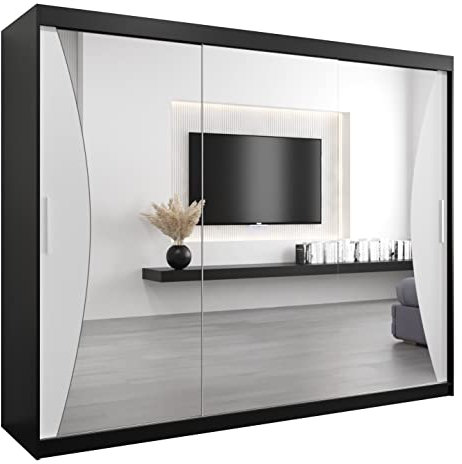 MEBLE KRYSPOL Kleiderschrank mit Spiegel Monaco - Garderobenschrank - Schrank Schlafzimmer - Mehrzweckschrank DREI Schiebetüren - Regalen - Flur Möbel - Kleiderstange Schrank - Allzweckschrank