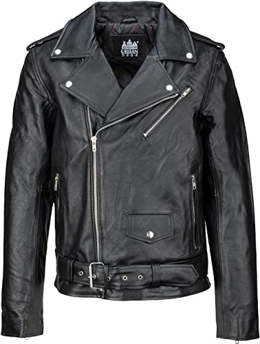 URBAN 5884 Giacca Pelle Uomo Perfecto, Giubbotto in Vera Pelle Bovina Soffice e Resistente, Chiodo Uomo stile Biker, Nero, L