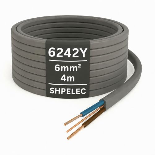 SHPELEC® 6242Y Twin and Earth Cable 6mm – 4m | 6242YH BASEC Approved Grey T&E | Cooker & Shower Circuit Wire, Stranded Copper (4 Metres, 6mm²)