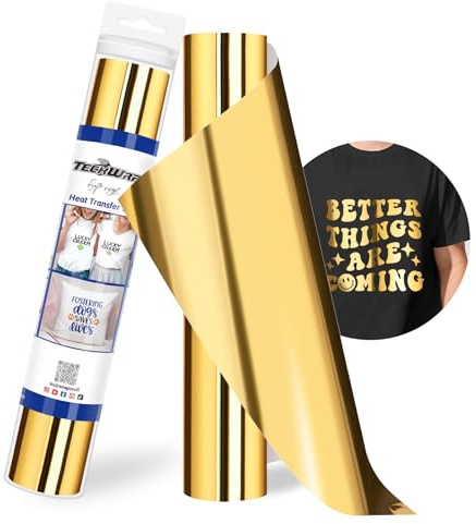 TECKWRAP PU Metallic Heat Transfer Vinyl Roll 12 x 5ft Chrome Gold HTV for DIY Clothing,T-Shirts,Fabric Foil Iron on Vinyl Compatible with Heat Press Craft Cutters