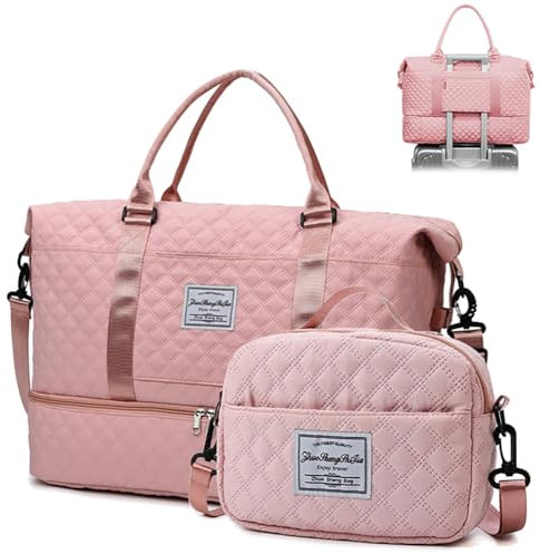 Quirkademy Reisetasche Damen, Sporttasche Groß mit Schuhfach & Nassfach, Wasserdicht Weekender Handgepäck Tasche mit Kosmetiktasche, Trainingstasche Schwimmtasche Duffle Bag Saunatasche (Rosa)