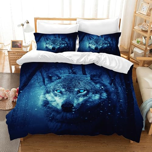 Set di biancheria da letto in microfibra, con stampa 3D, motivo lupo, federa con chiusura a cerniera, morbido e invernale, per uomini, donne, bambini (lupo delle nevi, blu, matrimoniale)