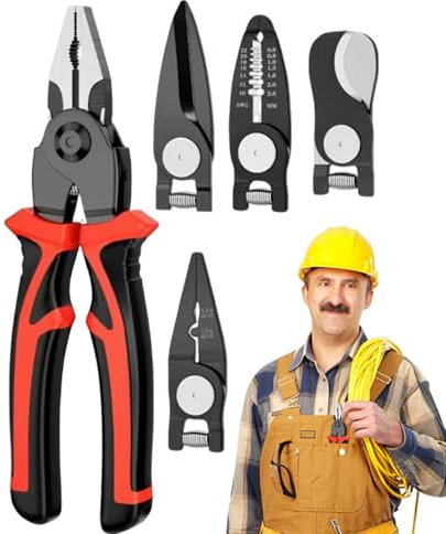 Alicates versátiles, pinzas combinadas – Pinzas para electricistas, pinzas de mano de acero multifuncional 5 en 1, intercambiable y resistente, para engarzar, pelar y cortar