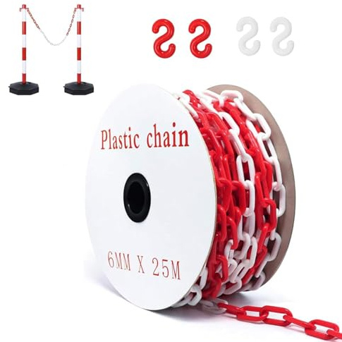25 m avstängningskedja röd vit plast, avstängningskedja, varningskedja, plastkedja 6 mm, säkerhetsvarningskedja av plast, avstängningskedja för byggarbetsplats, parkering och ordervård