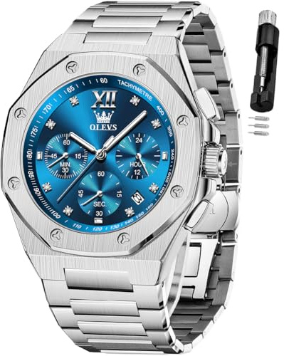 OLEVS Men Watches Chronograph Business Dress Stainless Steel Diamond Mens Wristwatch Blue Waterproof Luminous Two Tone Silver Relojes De Hombre