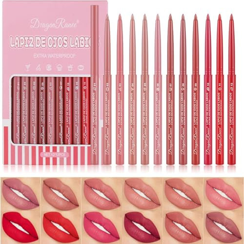 Lipliner Set, 12 Farben Matte Lip Liner Wasserfest Long Lasting Non-marking Pencil Lipstick, Plump Lip Shape High Pigmented Smooth Texture Lip Makeup Geschenke für Frauen