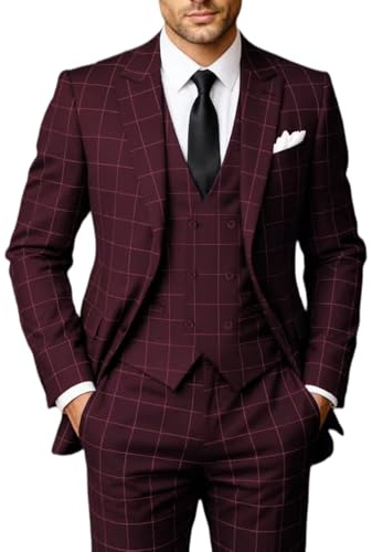 Solovedress Traje de 3 Piezas Clásico para Hombre, Plaid, Conjunto de Chaqueta, Pantalón y Chaleco para Bodas y Tienda, Borgoña, L