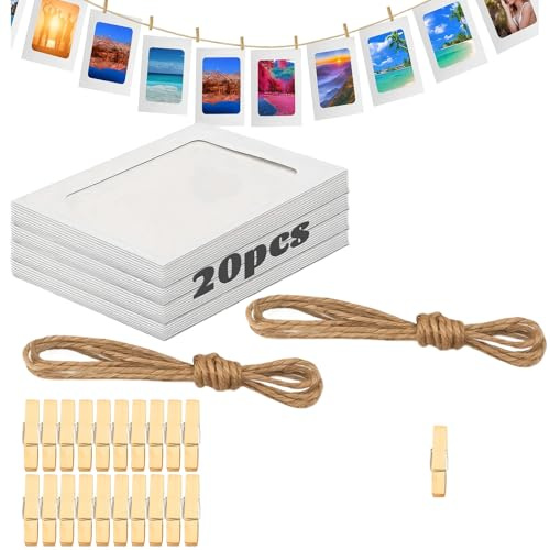 YEWCEP 42 Stück Foto Girlande, Fotoleine Mit Klammern, 20 X Fotorahmen 15x20 cm, 20 Klammern Und 2 X 2 M Seil, Für DIY Dekoration, Foto Wand Und Fotowand Mit Klammern