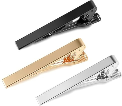 3 Pack Tie Clips for Men, Long Style Square Edge Tie Pins Set in Silver, Gold & Black,Necktie Bar for Business, Wedding, Daily Wear & Gifts