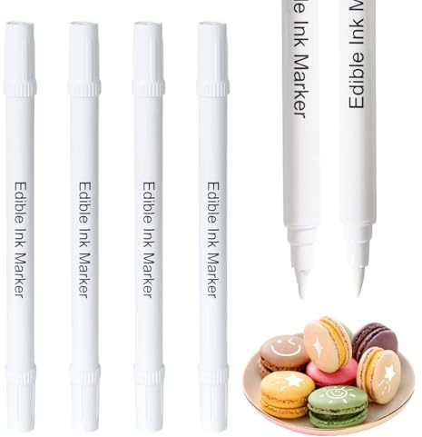 4 Pezzi Rotuladores Comestibles Repostería, Rotuladores de Pigmento Comestible Blanco de Doble Punta, Colores Alimentarios para Hornear Plumas, Para Galletas, Fondant, Postres y Huevos de Pascua