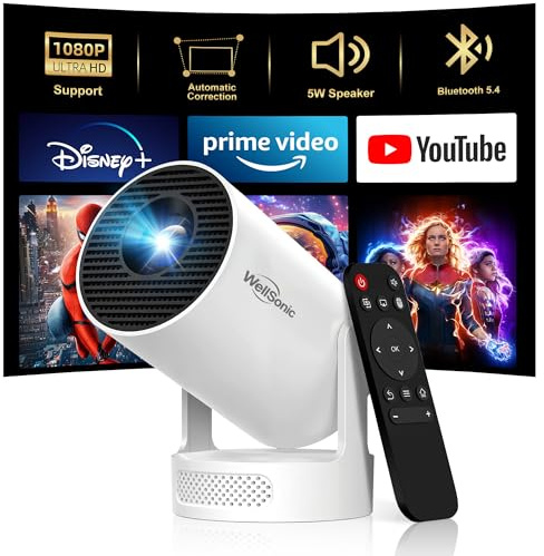 WellSonic Mini projecteur avec Wi-Fi et Bluetooth, projecteur portable 4K avec haut-parleur 5 W, clé verticale automatique et rotation à 180°, proyecteur mobile 200 Ansi pour chambre à coucher