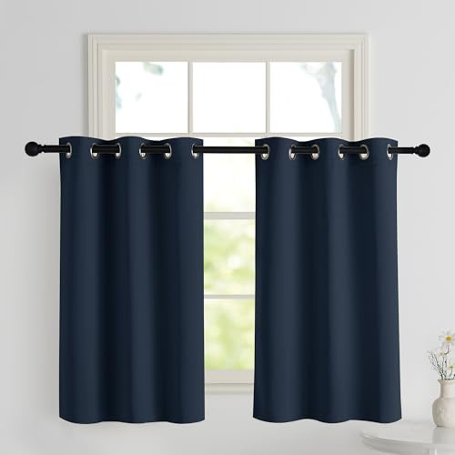 Pony Dance Mörkläggningsgardiner kort öljettgardin set om 2 stycken H 100 x B 90 cm korta gardiner ogenomskinlig termisk gardin med öljetter gardin värmeisolerande, mörkblå