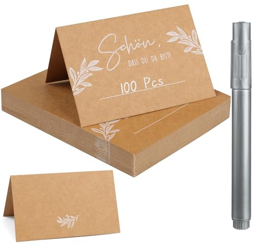 100 Piezas Tarjetas de Mesa, 110 × 85 mm Tarjetas de Lugar en Papier Kraft con 1 Rotulador, Tarjetas de Asiento, Tarjetas Marcasitios Boda Para Bodas, Comuniones, Cumpleaños, Festivales, Fiestas