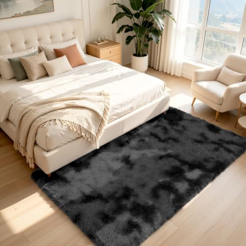 Untimaty Soft Rugs for Bedroom Small Fluffy Shaggy Bedside Rug Bedroom Mats | Washable with Non Slip Backing Carpet for Kids Room, Nursery, Living Room & Runner Hallway 80 x 150 cm, Black Grey
