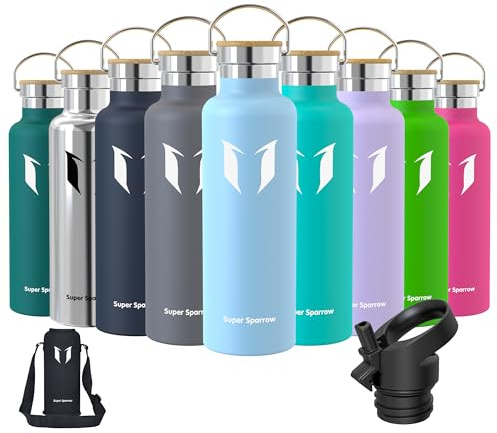 Super Sparrow Borraccia Termica 750ml - Bottiglia Termica Senza Perdite - Senza BPA Borracce Bambini - Per Scuola, Sport, Campeggio, Palestra, Ciclismo - Con 2 Tappi