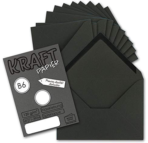50x Vintage Briefumschläge in schwarz DIN B6 125 x 178 mm Kraftpapier 120 g/m² Recycling Nassklebung Spitzklappe - UmWelt by GUSTAV NEUSER