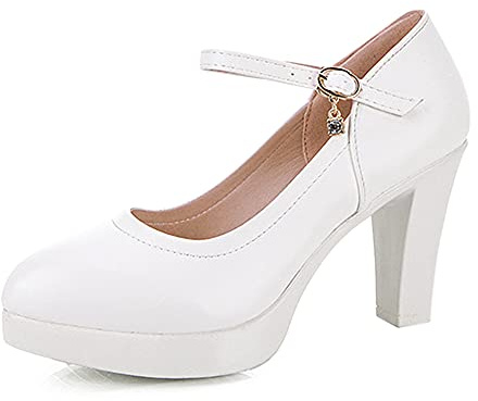 Runxingfu Tacchi Grossi per Donne 8CM Signore Pu ​​Cinturino alla Caviglia Piattaforma Pompa Punta Tonda Scarpe Corte Abito da Sera Tacchi Alti Tacco Largo Mary Jane (Taglia Troppo Piccola)