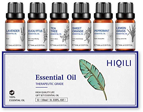 HIQILI Aromatherapy Essential Oil Set 6x10ml, Suitable for Aromatherapy, humidifiers, DIY Candles, Massage and Cleaning, Including Lavender, Tea Tree, Eucalyptus, Mint, Sweet Orange and Lemongrass
