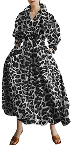 Women Maxi Shirt Dress Long Sleeve Button Smocked Waist Long Dress Loose Swing Party Dress with Pockets (Black Leopard, 5X-Large)