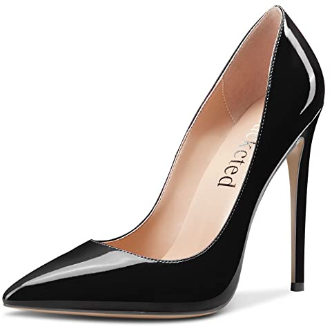 Saekcted Women High Stiletto Heel Close Pointed Toe Pumps Court Shoe Slip-on Wedding Office Dress 12 CM Heels Shoes Black Patent 5.5 UK