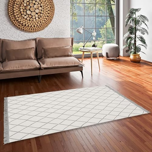 Pergamon Designer Teppich Beidseitig Flachgewebe Ethno Kelim Grau Weiss Rauten, Teppich Läufer, Teppich Pflegeleicht und Waschbar in 5 Größen