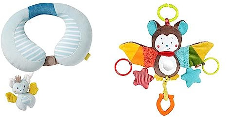 Fehn 065282 Nackenstütze Fledermaus – Nackenkissen mit kleinem Rasseltier ab 6+ Monaten – Maße: 24 x 20 cm & Activity-Spieltier Fledermaus – Baby Motorikspielzeug für Kinderwagen