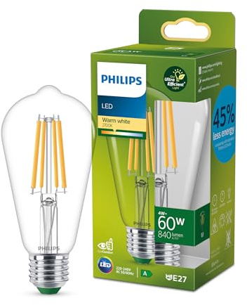 Philips LED Classic ultraeffiziente E27 Lampe in Edison-Form (60 W), LED Lampe mit warmweißem Licht, energiesparende Lampe mit langer Nutzlebensdauer, Energieeffizienzklasse A