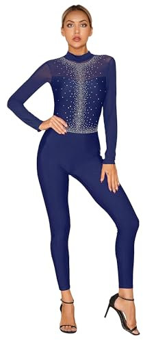 CHICTRY Gymnastikanzug Damen Ganzkörper Langarm Gymnastik Body Stehkragen Trikot Strass Glitzer Eiskunstlauf Anzug Patchwork Ganzkörperanzug Dancewear A Navy blau L