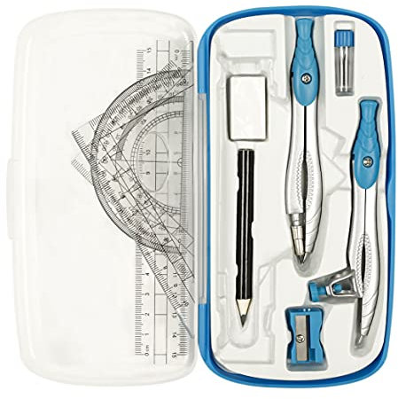 Zirkel Sets, 10 Stück Geometrie Set für Zirkel Grundschule ab 4. Klasse, Schule ab 5. Klasse,mit Zirkel, Bleistift, Radiergummi, Spitzer, Winkelmesser, Geodreiecken, Lineal und Aufbewahrungsetui