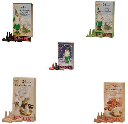 Knox Räucherkerzen im 5er Set mit 24 ST pro Packung, Räucherkegel in Größe M in verschiedenen Duftvarianten wie Tannenduft, Weihrauch-Myrrhe, Vanille, gebrannte Mandeln & Bunte Mischung