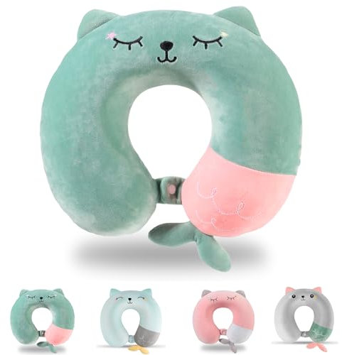 Apricitie Nackenkissen Kinder, Nackenhörnchen Erwachsene für Reise, 33 x 30cm Memory Foam Reisekissen Tier Reisekissen Flugzeug, Kinder Nackenkissen Flugzeug U-Geformte Nackenstützkissen(Grün)